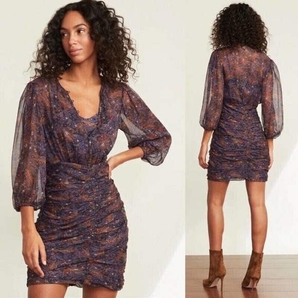 NEW $595 VERONICA BEARD "Kerri" Floral Paisley Silk Chiffon Ruched Mini Dress 10 - Picture 1 of 10